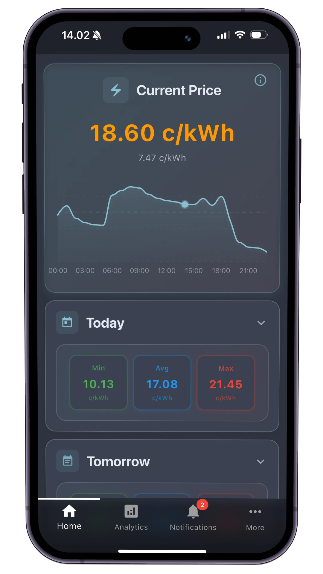 Nordplug app showing the current electricity price
