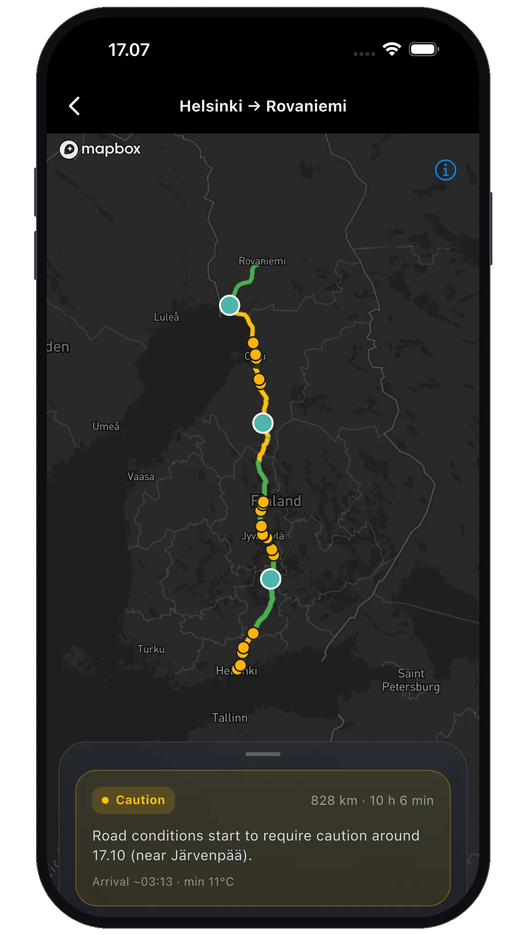 Nordplug-sovelluksen reittikatsaus latauspysähdyksineen