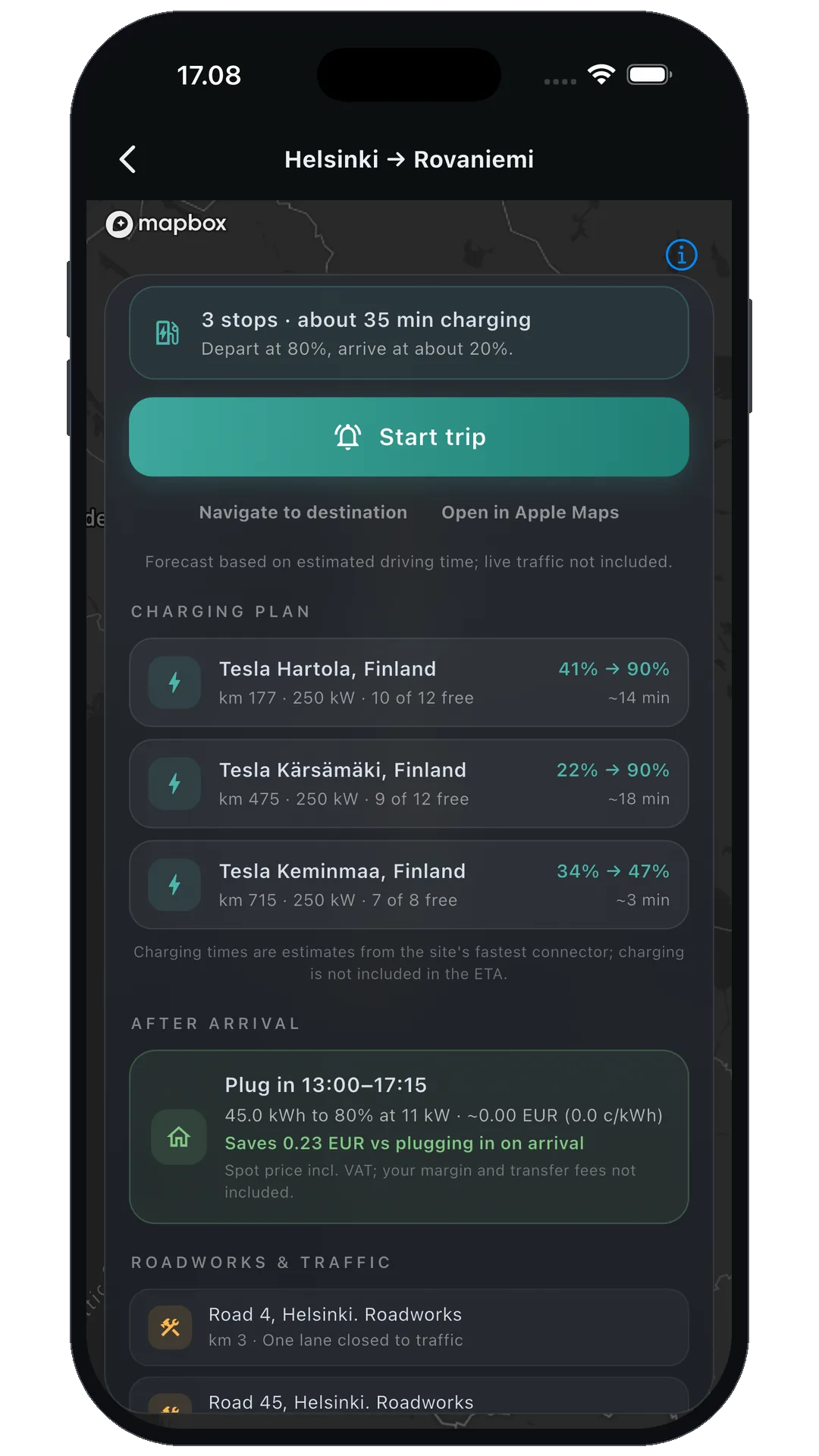 Nordplug-sovelluksen lataussuunnitelma reitillä